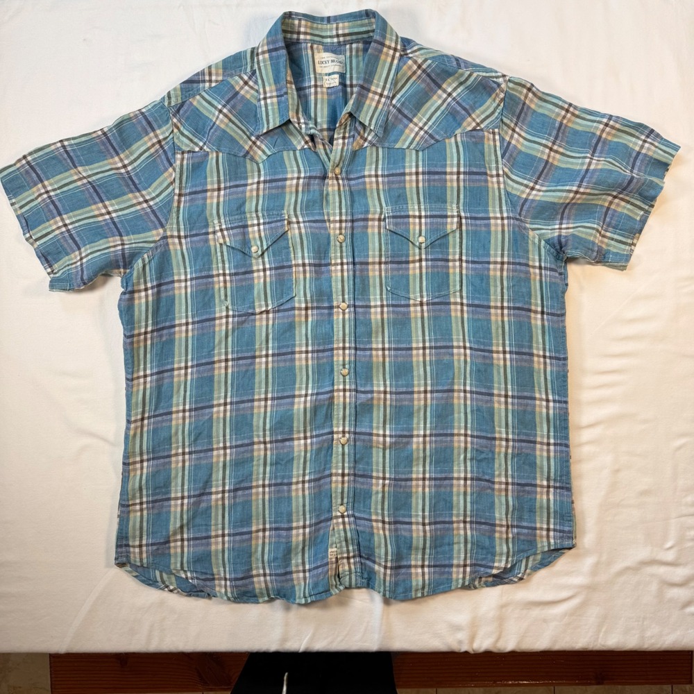 Lucky Brand Mens XXL Blue Plaid 100% Linen Short Sleeve Western Pearl Snap Shirt